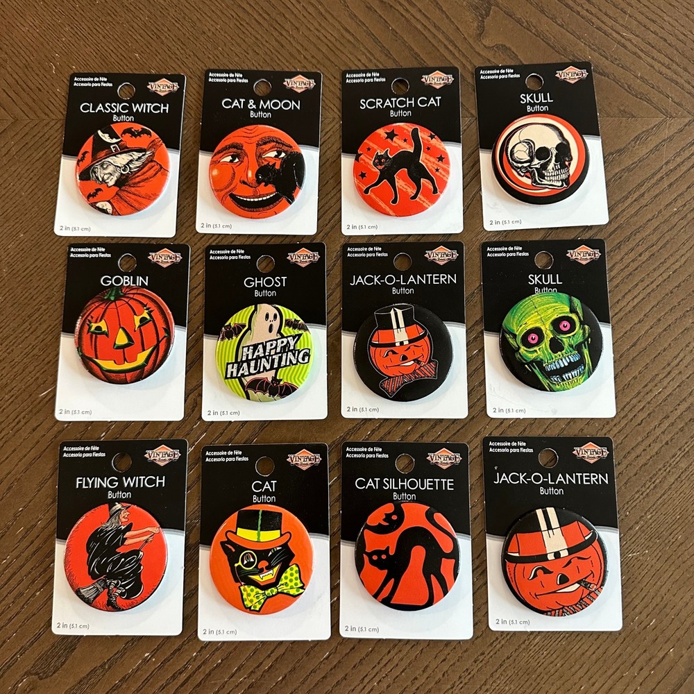 Beistle Halloween Button Pin Lot 12pc Retro Witch Cat Skull Ghost 2in